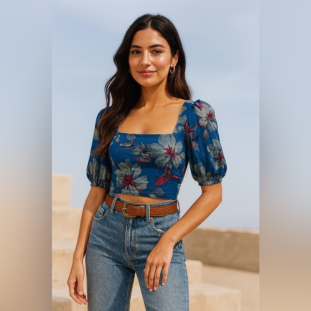 NWT Band of the Free Blue Floral Tie-Front Chiffon Crop Top - Size L